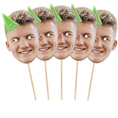 Pack of 5 (A4) with Hat Theme (Green) Finished Masks + Sticks (Personalised with Text)