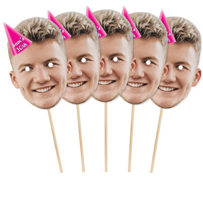 Pack of 5 (A4) with Hat Theme (Pink) Finished Masks + Sticks (Personalised with Text)