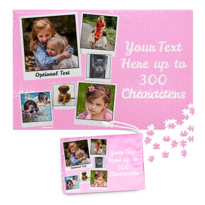 300 Pieces (Polaroid Style Photo Print) Baby Pink (Personalised with Text) & Matching Drawstring Gift Bag
