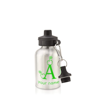 - Silver (400ml Mini) + Screw Cap with Alphabet Theme Bright Green (Personalised with Text)
