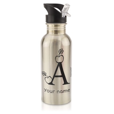 in Silver (600ml) with Drinking Straw with Alphabet Theme Black (Personalised with Text)