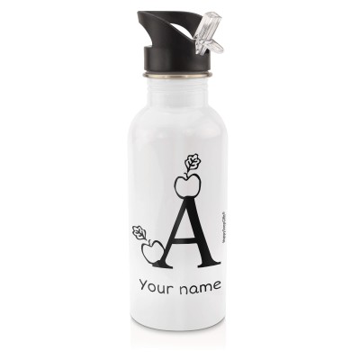 in White (600ml) with Drinking Straw with Alphabet Theme Black (Personalised with Text)
