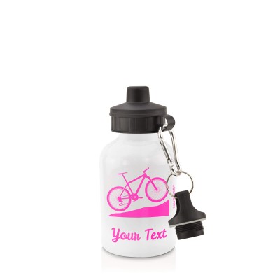 - White (400ml Mini) + Screw Cap (Mountain Biking Icon) Hot Pink (Fuchsia) (Personalised with Text)