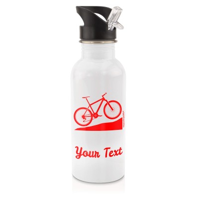 in White (600ml) with Drinking Straw (Mountain Biking Icon) Red (Personalised with Text)