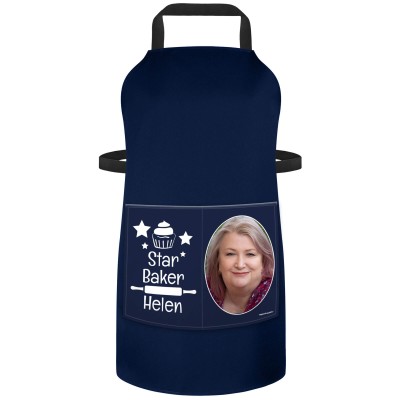 (90cm x 70cm) with Star Baker Icon - Navy Blue Cotton Fabric (Personalised with Text) and Photo Printed Pocket
