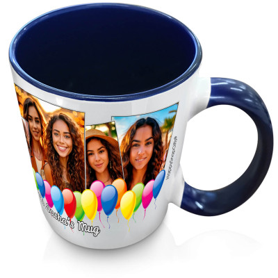 (XL 15oz Blue Inner & Handle) with Balloon Design with 5 Photos (Personalised with Text)