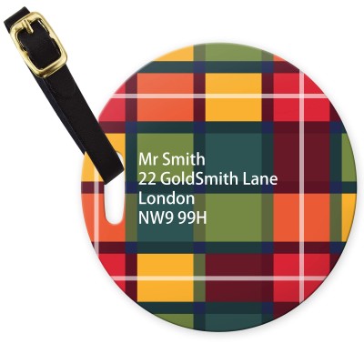 (10cm Circle) - Tartan Check with Leather Strap (Personalised with Text)