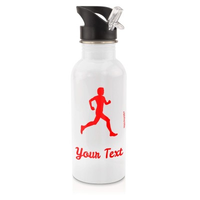 in White (600ml) with Drinking Straw (Running Icon) Red (Personalised with Text)