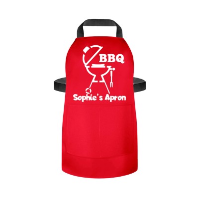 (55cm x 40cm) - with BBQ Icon - Red Cotton Fabric (Personalised with Name) and Matching Fabric Pocket
